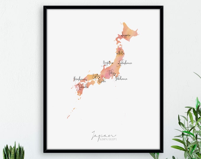 Japan Map Portrait / Asia / Labelled Watercolour / Digital or Printed Wall Art / Large Map Poster / Gift Idea / Giclee Print / Home Decor