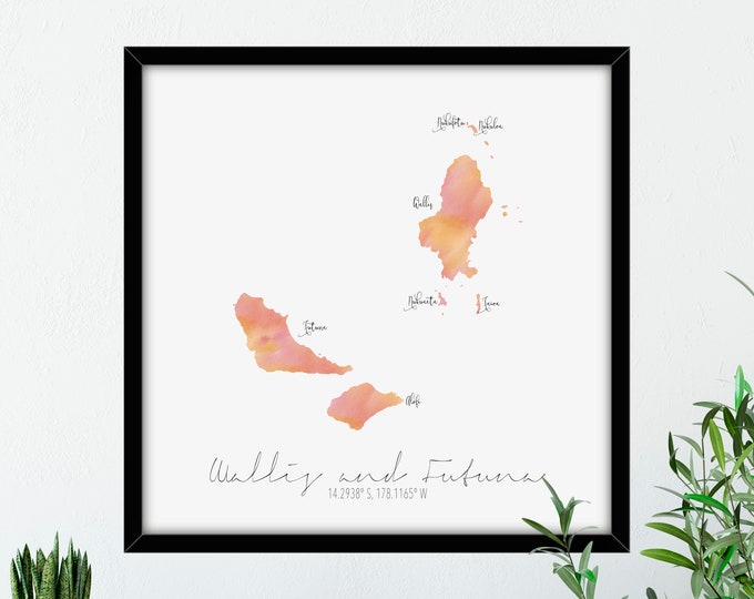 Wallis and Futuna Map Square / Labelled Watercolour / Digital or Printed Wall Art / Large Map Poster / Gift Idea / Giclee Print / Decor