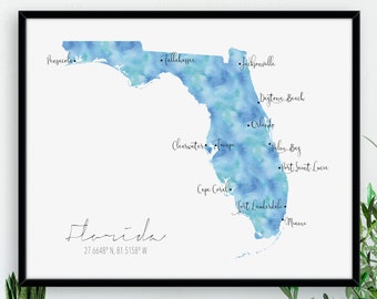 Florida Map / USA map / Labelled Watercolour / Digital or Printed Wall Art / Large Map Poster / Gift Idea / Giclee Print / Home Decor