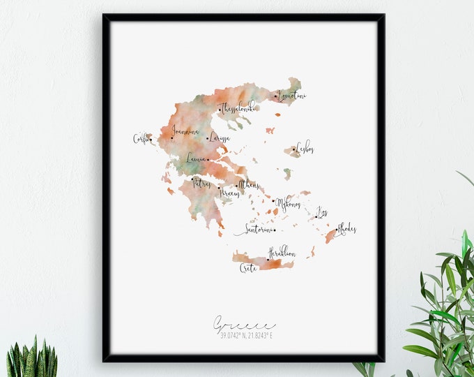 Greece Map Portrait / Labelled Watercolour / Digital or Printed Wall Art / Large Map Poster / Gift Idea / Giclee Print / Home Decor