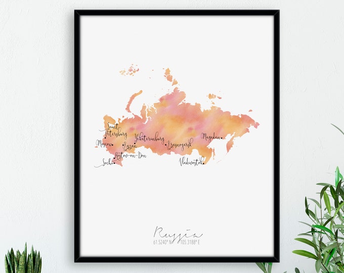 Russia Map Portrait - Labelled Watercolour