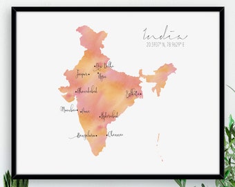India Map / Labelled Watercolour / Digital or Printed Wall Art / Large Map Poster / Gift Idea / Giclee Print / Home Decor