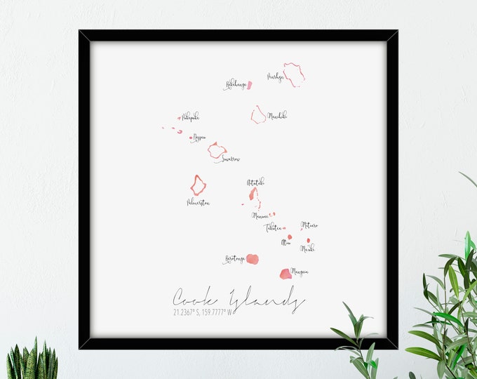 Cook Islands Map Square / Labelled Watercolour / Digital or Printed Wall Art / Large Map Poster / Gift Idea / Giclee Print / Home Decor