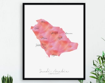 Saudi Arabia Map Portrait / Labelled Watercolour / Digital or Printed Wall Art / Large Map Poster / Gift Idea / Giclee Print / Home Decor