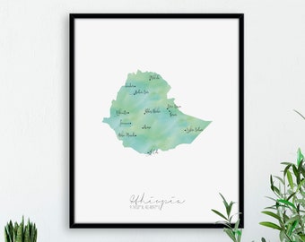 Ethiopia Map Portrait / Africa Labelled Watercolour / Digital or Printed Wall Art / Large Map Poster / Gift Idea / Giclee Print / Home Decor
