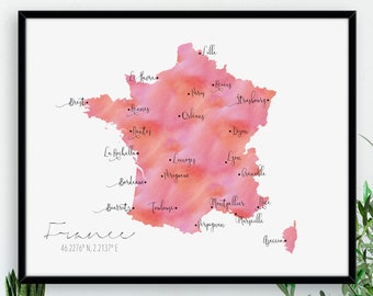 France Map / Labelled Watercolour / Digital or Printed Wall Art / Large Map Poster / Gift Idea / Giclee Print / Home Decor