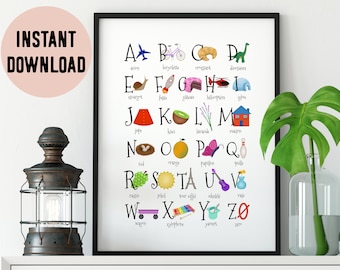 French Illustrated Alphabet Digital Print -  alphabet français illustré