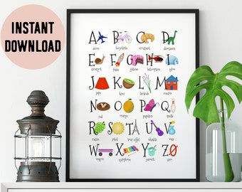 French Illustrated Alphabet Digital Print -  alphabet français illustré