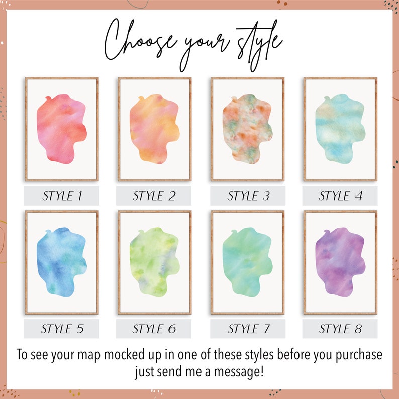Puede incluir: Ocho opciones de estilo acuarela diferentes para una impresi&oacute;n de mapa personalizada. Los estilos incluyen esquemas de colores rosa, naranja, azul, verde y morado.