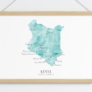 Kenya Map / Kenya Republic / East Africa / Africa Map / Labelled Watercolour Map / Large Map Wall Art / Kenya Poster / Travel Gift / For Her