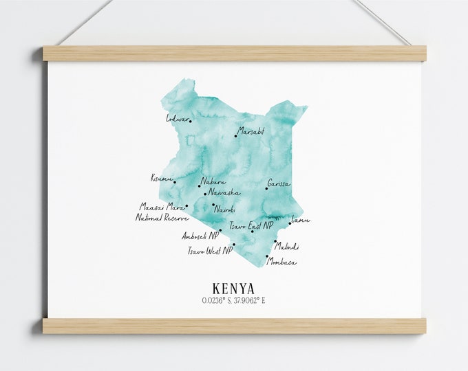 Kenya Landscape Map 2 / Kenya Republic / East Africa / Africa Map / Labelled Watercolour Map / Large Map Wall Art / Kenya Poster / Travel