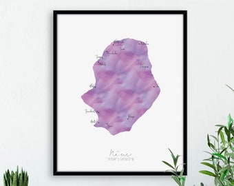 Niue Map Portrait / Labelled Watercolour / Digital or Printed Wall Art / Large Map Poster / Gift Idea / Giclee Print