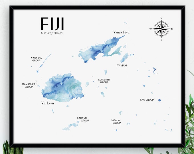 Fiji Map / Blue Watercolour / Digital or Printed Wall Art / Large Map Poster / Gift Idea / Giclee Print / Home Decor