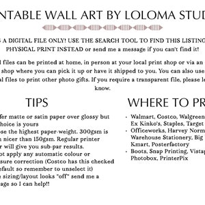 May include: Digital printable wall art file by Loloma Studio. The image provides printing tips, recommending matte or satin paper and a high paper weight. It also lists print locations like Walmart and Costco.