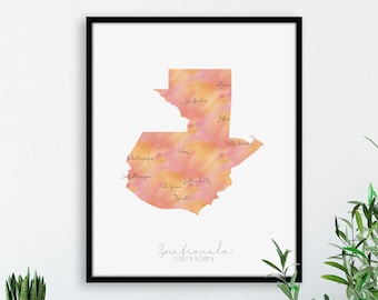 Guatemala Map Portrait / Labelled Watercolour / Digital or Printed Wall Art / Large Map Poster / Gift Idea / Giclee Print / Home Decor
