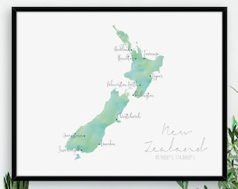 New Zealand Map / Labelled Watercolour / Digital or Printed Wall Art / Large Map Poster / Gift Idea / Giclee Print / Home Decor