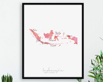Indonesia Map Portrait / Labelled Watercolour / Digital or Printed Wall Art / Large Map Poster / Gift Idea / Giclee Print / Home Decor