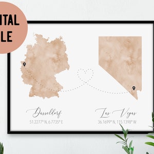 Long Distance Coordinates Map (2 state/countries) Digital Print, Moving Away Gift, Long Distance Gift for Boyfriend, Overseas Relationship
