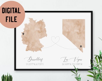 Long Distance Coordinates Map (2 state/countries) Digital Print
