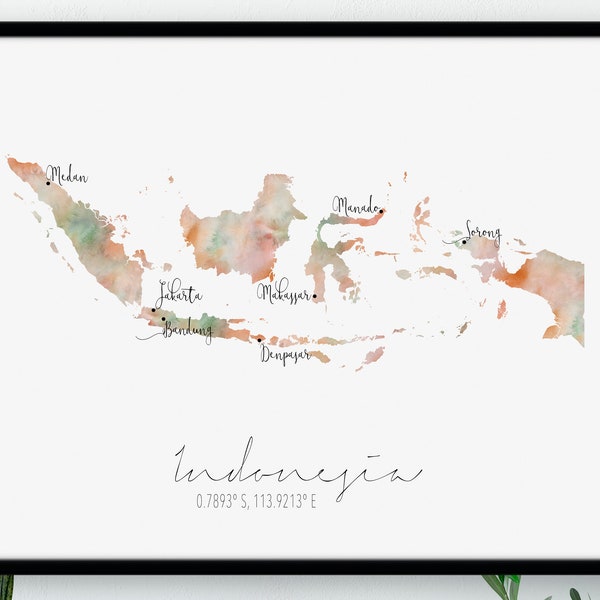Indonesië kaart / gelabeld aquarel / digitale of gedrukte Wall Art / grote kaart Poster / cadeau idee / Giclee Print / Home Decor