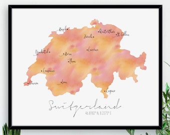 Switzerland Map / Labelled Watercolour / Digital or Printed Wall Art / Large Map Poster / Gift Idea / Giclee Print / Home Decor