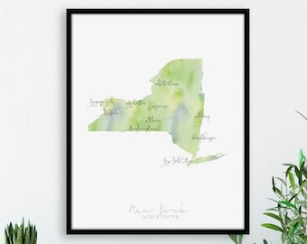 New York Map Portrait/ USA / Labelled Watercolour / Digital or Printed Wall Art / Large Map Poster / Gift Idea / Giclee Print / Home Decor