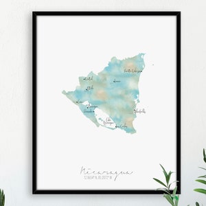 Retrato de mapa de Nicaragua / Acuarela etiquetada / Arte de pared digital o impreso / Cartel de mapa grande / Idea de regalo / Impresión Giclee / Decoración del hogar