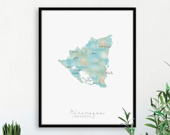 Nicaragua Map Portrait / Labelled Watercolour / Digital or Printed Wall Art / Large Map Poster / Gift Idea / Giclee Print / Home Decor