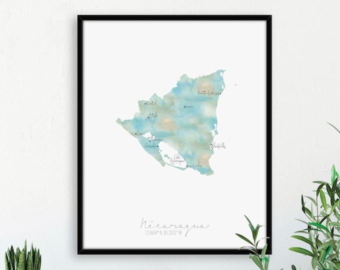 Nicaragua Map Portrait / Labelled Watercolour / Digital or Printed Wall Art / Large Map Poster / Gift Idea / Giclee Print / Home Decor
