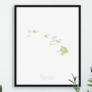 Hawaii kaart portret / aquarel label / digitale of gedrukte muurkunst / grote kaart poster / cadeau-idee / giclee print / woondecoratie