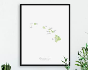 Hawaii Map Portrait / Labelled Watercolour / Digital or Printed Wall Art / Large Map Poster / Gift Idea / Giclee Print / Home Decor