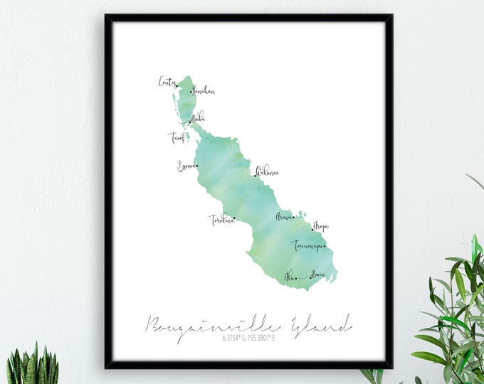 Bougainville Islands PNG Portrait Labelled Watercolour Map