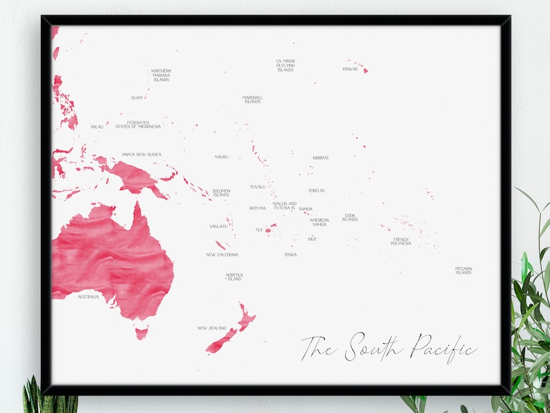 May include: A framed map of the South Pacific, with a watercolour design in red and white. The map shows the islands and countries of the region, with the title "The South Pacific" in elegant script.