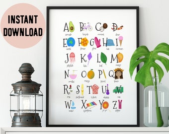 English Illustrated Alphabet Digital Print