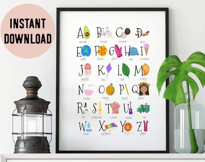 English Illustrated Alphabet Digital Print