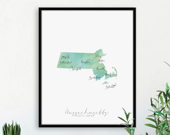 USA Massachusetts Portrait Map / Labelled Watercolour / Digital or Printed Wall Art / Large Map Poster / Gift Idea / Giclee Print / Decor