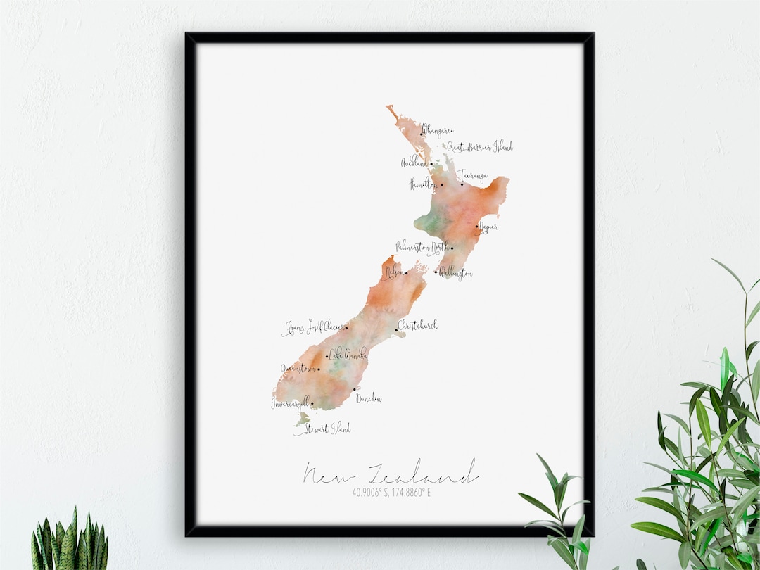 New Zealand Map Portrait / Aotearoa / Labelled Watercolour / Digital or ...