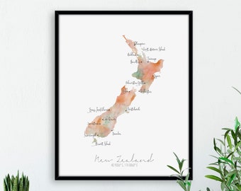 New Zealand Map Portrait  / Aotearoa / Labelled Watercolour / Digital or Printed Wall Art / Large Map Poster / Gift Idea / Giclee Print