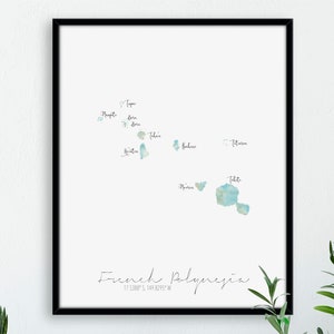 Frans-Polynesië kaart portret / gelabeld aquarel / digitale of gedrukte muurkunst / grote kaartposter / cadeau-idee / gicleeprint / decor