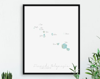 French Polynesia Map Portrait / Labelled Watercolour / Digital or Printed Wall Art / Large Map Poster / Gift Idea / Giclee Print / Decor