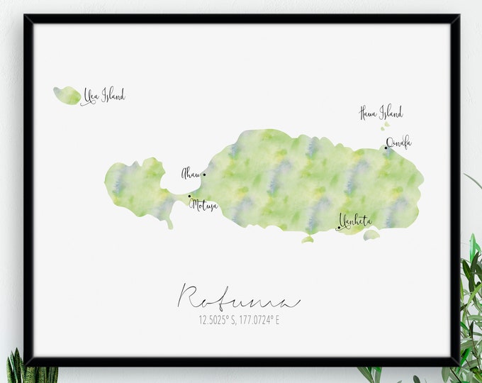 Rotuma Map / Labelled Watercolour / Digital or Printed Wall Art / Large Map Poster / Gift Idea / Giclee Print / Home Decor