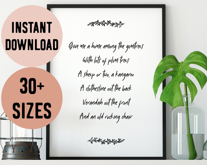 Digital Australia Give Me A Home Among The Gumtrees Song Print / Australiana Print / Aussie Decor / Straya Wall Print / Aussie Nursery Art
