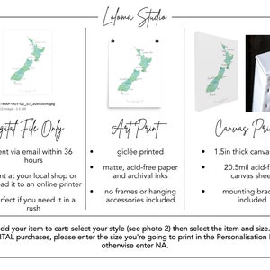 Puede incluir: Una descarga digital de un mapa de acuarela de Nueva Zelanda. El mapa est&aacute; disponible como archivo digital, impresi&oacute;n art&iacute;stica o impresi&oacute;n en lienzo. El archivo digital se env&iacute;a por correo electr&oacute;nico dentro de las 36 horas. La impresi&oacute;n art&iacute;stica se imprime en gicl&eacute;e sobre papel mate libre de &aacute;cido con tintas de archivo. La impresi&oacute;n en lienzo tiene un grosor de 1,5 pulgadas y presenta una hoja de lienzo libre de &aacute;cido de 20,5 mil con un soporte de montaje incluido.