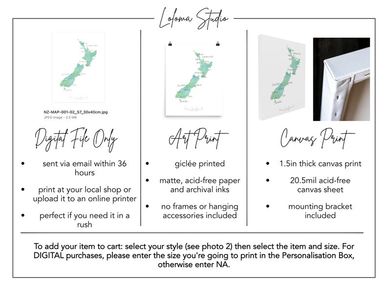 Puede incluir: Una descarga digital de un mapa de acuarela de Nueva Zelanda. El mapa est&aacute; disponible como archivo digital, impresi&oacute;n art&iacute;stica o impresi&oacute;n en lienzo. El archivo digital se env&iacute;a por correo electr&oacute;nico dentro de las 36 horas. La impresi&oacute;n art&iacute;stica se imprime en gicl&eacute;e sobre papel mate libre de &aacute;cido con tintas de archivo. La impresi&oacute;n en lienzo tiene un grosor de 1,5 pulgadas y presenta una hoja de lienzo libre de &aacute;cido de 20,5 mil con un soporte de montaje incluido.