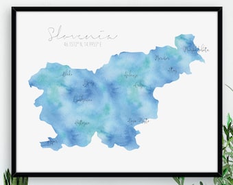 Slovenia Map / Labelled Watercolour / Digital or Printed Wall Art / Large Map Poster / Gift Idea / Giclee Print / Home Decor