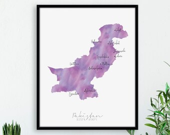 Pakistan Map Portrait / Labelled Watercolour / Digital or Printed Wall Art / Large Map Poster / Gift Idea / Giclee Print / Home Decor