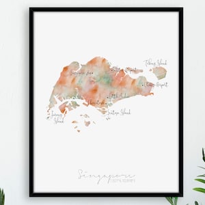 Portret kaart Singapore / gelabeld aquarel / digitale of gedrukte muurkunst / poster grote kaart / cadeau-idee / gicleeprint / woondecoratie