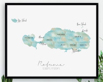 Rotuma Map Districts / Labelled Watercolour / Digital or Printed Wall Art / Large Map Poster / Gift Idea / Giclee Print / Home Decor