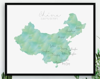 China Map / Labelled Watercolour / Digital or Printed Wall Art / Large Map Poster / Gift Idea / Giclee Print / Home Decor