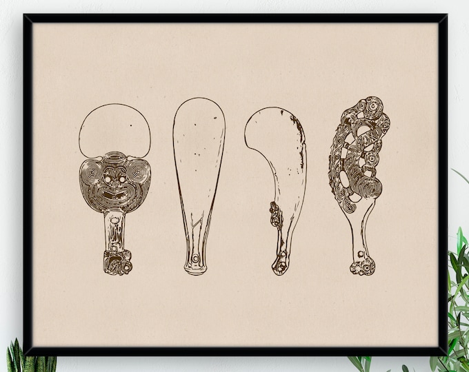New Zealand Maori Short War Clubs Natural Print
